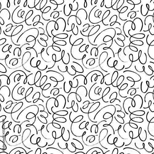 Black ink scribbles vector seamless pattern. Handdrawn abstract curved lines
