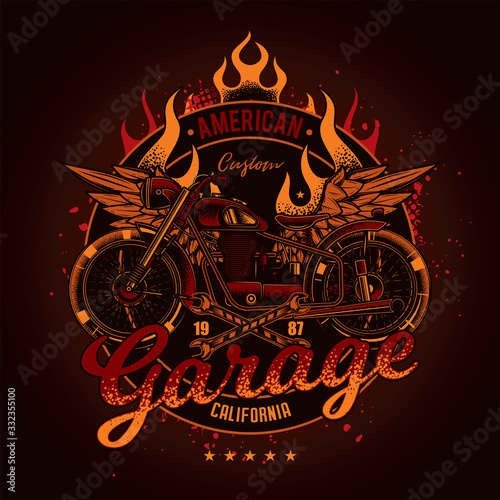Original vector emblem in vintage style. American custom motorcycle, with wings and fire on the background.