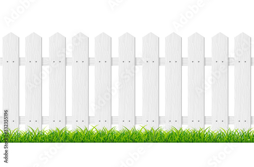 Realistic Detailed 3d White Wood Fence with Green Grass. Vector