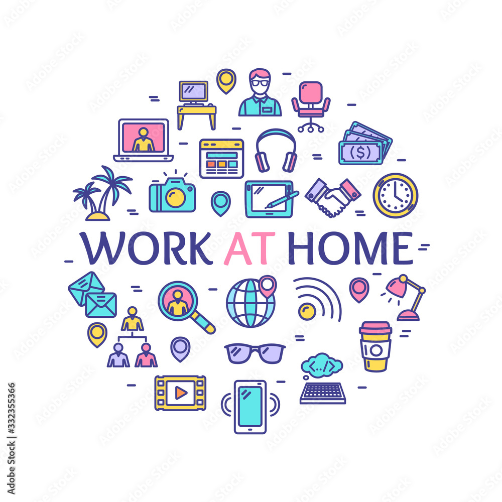 Work at Home Signs Round Design Template Thin Line Icon Concept. Vector