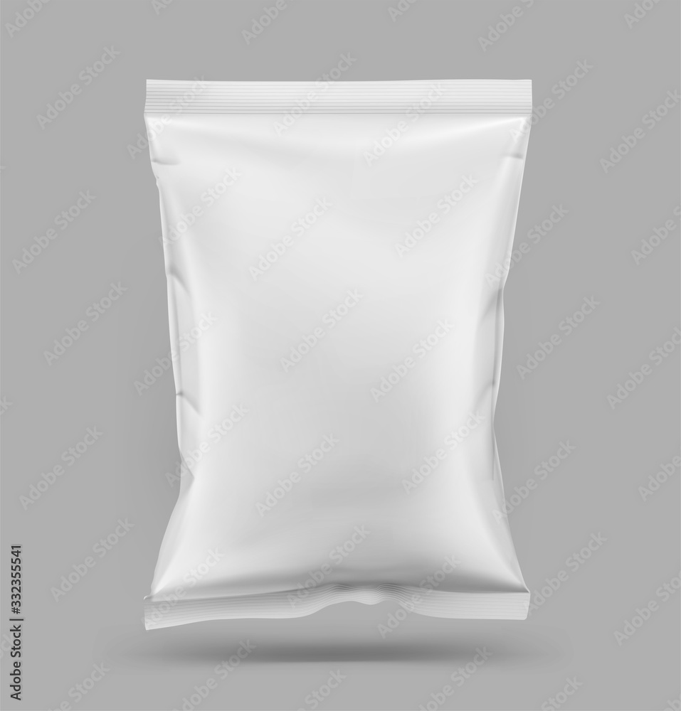Food snack pillow bag. Vector illustration on grey background. Packaging mockup ready for your design. Can be use for schips, snack, coffee, tea, salt, flour and etc. EPS10. Food snack pillow bag. Vector illustration on grey background. Packaging mockup ready for your design. Can be use for schips, snack, coffee, tea, salt, flour and etc. EPS10.