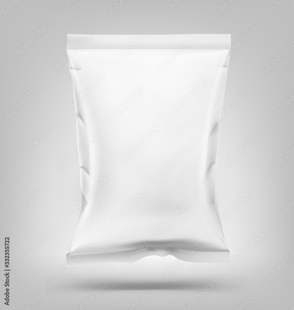 Food snack pillow bag. Vector illustration on grey background. Packaging mockup ready for your design. Can be use for schips, snack, coffee, tea, salt, flour and etc. EPS10. Food snack pillow bag. Vector illustration on grey background. Packaging mockup ready for your design. Can be use for schips, snack, coffee, tea, salt, flour and etc. EPS10.