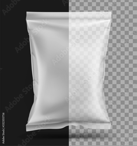 Transparent food snack pillow bag. Vector illustration on transparent background. Packaging mockup ready for your design. Can be use for schips, snack, coffee, tea, salt, flour and etc. EPS10.