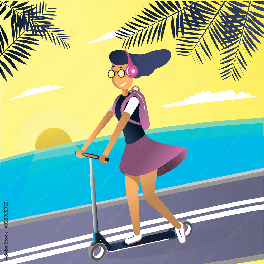 Beautiful and young girl, riding a scooter. The concept is an active way of life. Flat style. Vector illustration