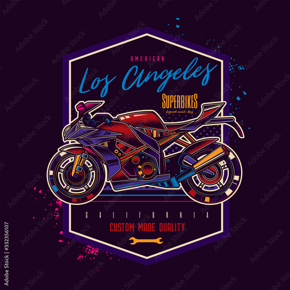 Obraz premium Original vector emblem in neon style. The fastest motorcycle. Superbike.
