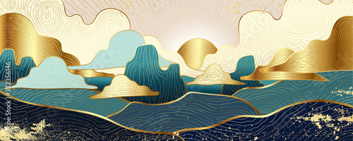 andscape wallpaper design with Golden mountain line arts, luxury background design for cover, invitation background, packaging design, fabric, and print. Vector illustration.