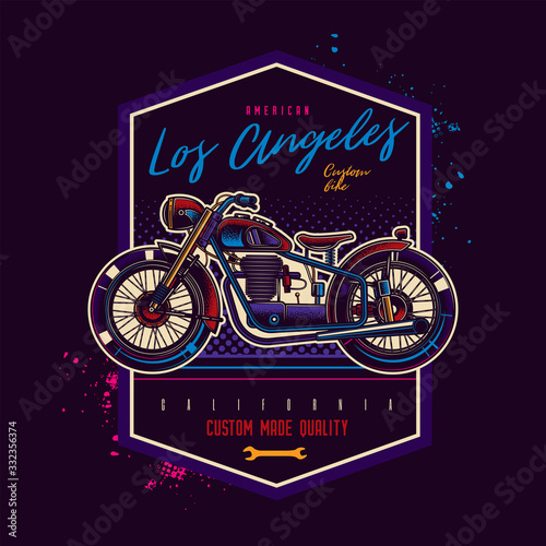 Original vector emblem in neon style. American motorcycle custom made. photo