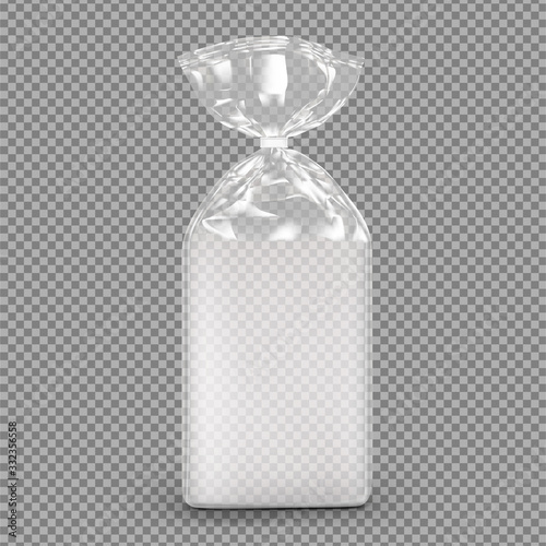 Bag package mockup. Transparent plastic bag with clip. Vector illustration on transparent background. Packaging template ready for your design, presentation, promo, adv. EPS10.