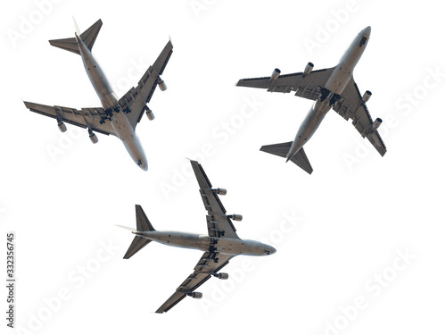 Jet passenger plane silhouettes isolated on white.