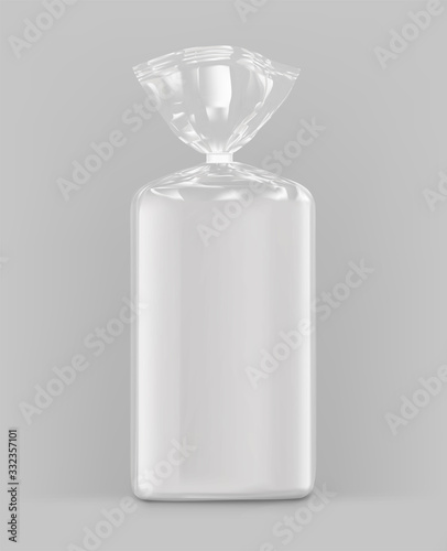 Bag package mockup. Transparent plastic bag with clip. Vector illustration on grey background. Packaging template ready for your design, presentation, promo, adv. EPS10.	