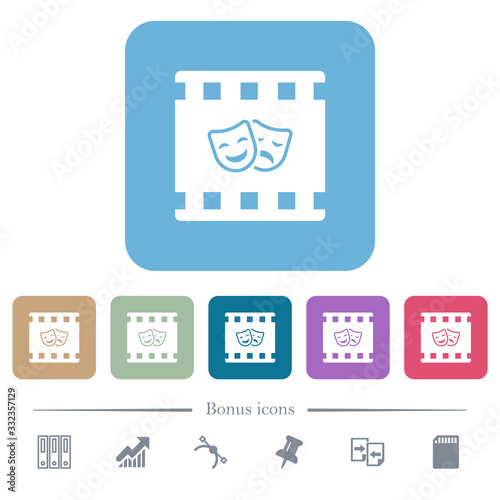 Theatrical movie flat icons on color rounded square backgrounds