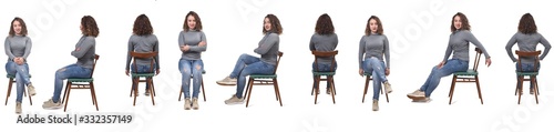 collage of a woman sitting on a chair in white background, profile, front and back