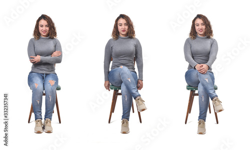 Foto collage of a woman sitting on a chair in white background, front view,