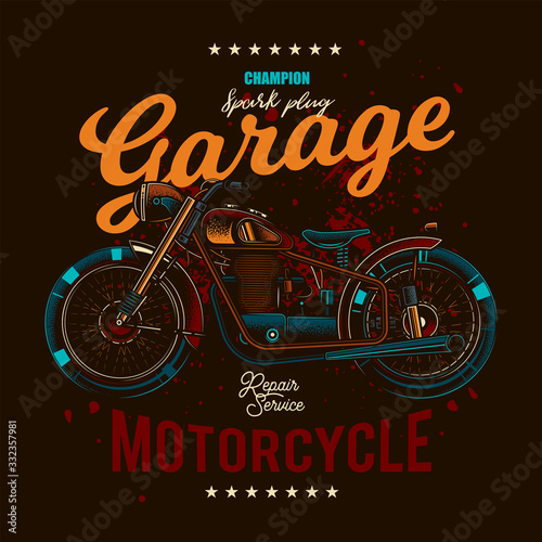 Original vector illustration in retro style. T-shirt or poster design with an illustration of an old motorcycle.