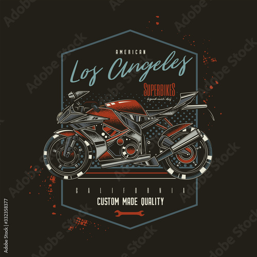 Original vector emblem in vintage style. The fastest motorcycle. Superbike.