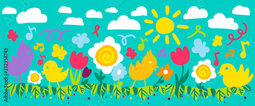 Flowers and birds flat vector illustration