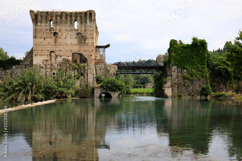 Borghetto (VR),  Italy - April 30, 2017: Mincio river in Borghetto village, Mincio, Verona, Veneto, Italy