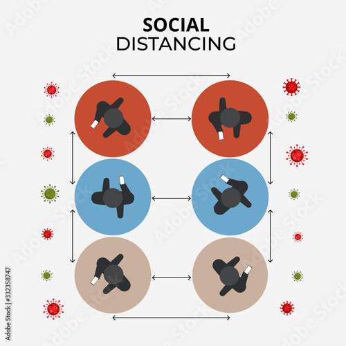 Group of people doing Social distancing from top view concept. Coronovirus epidemic preventive. Preventive measures. Keep the minimum 1 meter distance. Vector illustration