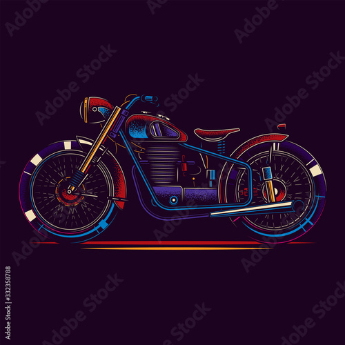 Original vector illustration in neon style. American motorcycle custom made.