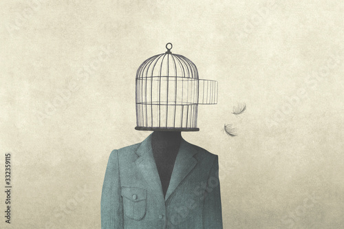 Slika na platnu illustration of man with open birdcage over his head, surreal freedom concept