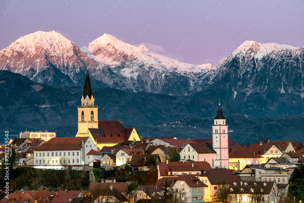 Kranj City in Gorenjska of Slovenia during a winter sunset