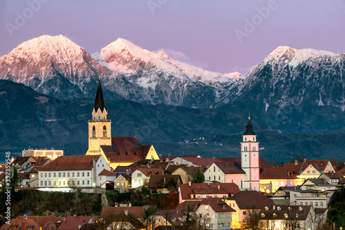 Kranj City in Gorenjska of Slovenia during a winter sunset