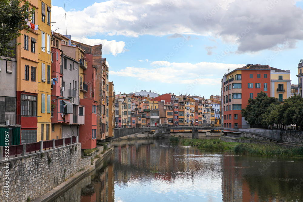 View of the coloured houses on the river, Girona, Spain