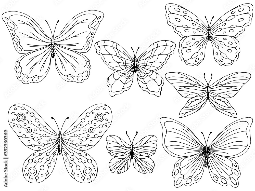 Naklejka Butterfly set graphic black white isolated sketch illustration vector