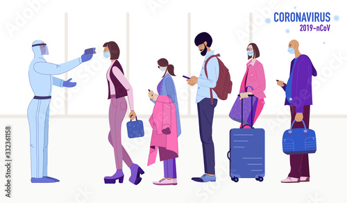 Illustration of Coronavirus COVID-19 outbreak concept. Multiracial people in medical face mask standing in queue in airport hall. Passangers are measured temperature. Novel coronavirus (2019-nCoV).