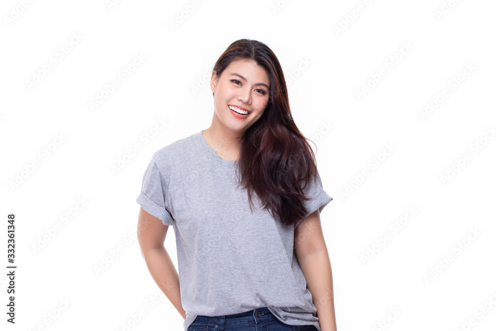 Image of feeling smile and happy. Cheerful young asian woman with brunette long hair in casual shirt smiling with teeth on white background. Female face expressions and emotions concept. Image of feeling smile and happy. Cheerful young asian woman with brunette long hair in casual shirt smiling with teeth on white background. Female face expressions and emotions concept.