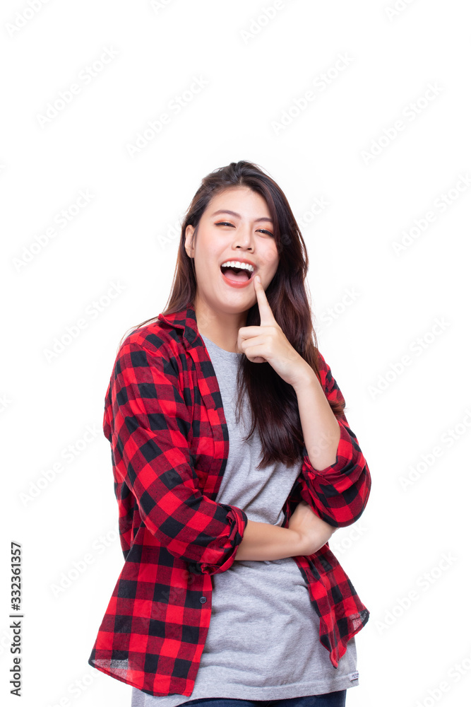 Image of feeling smile and happy. Cheerful young asian woman with brunette long hair in casual shirt smiling with teeth on white background. Female face expressions and emotions concept. Image of feeling smile and happy. Cheerful young asian woman with brunette long hair in casual shirt smiling with teeth on white background. Female face expressions and emotions concept.