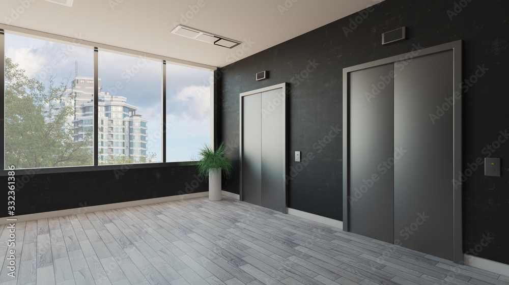 Fototapeta premium lobby with a large window. Reception in the business center. elevator doors. decorative dark walls.. 3D rendering