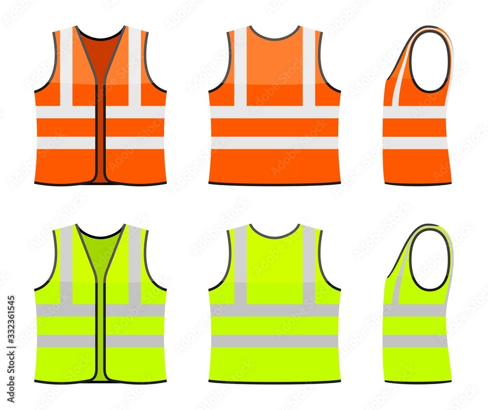 Set of orange and yellow safety vests isolated on white background ...