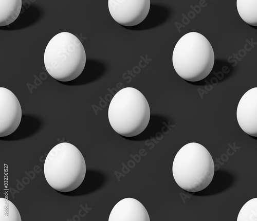 White chicken eggs on black seamless isometric background.