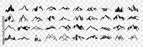 Sketch, hand drawn mountain peaks set collection photo