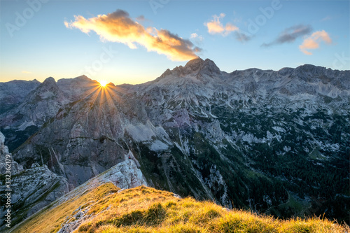 Sunset in the Julian Alps of Slovenia in the Triglav National Park looking at Triglav Mountain