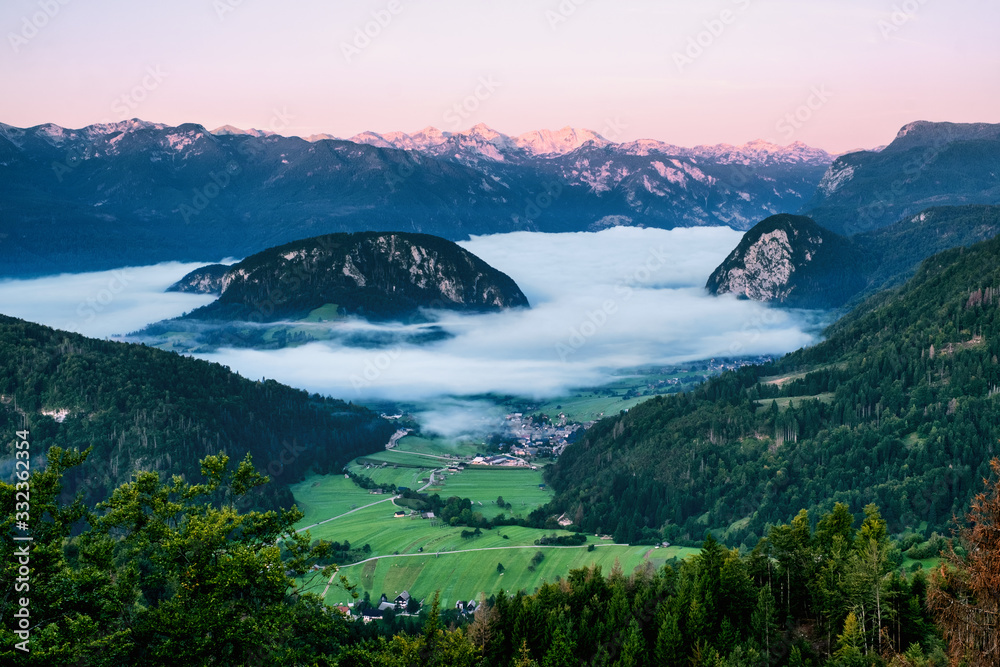 vodnikov razgeldnik viewpoint in slovenia looking towards bohinj with a cloud inversion