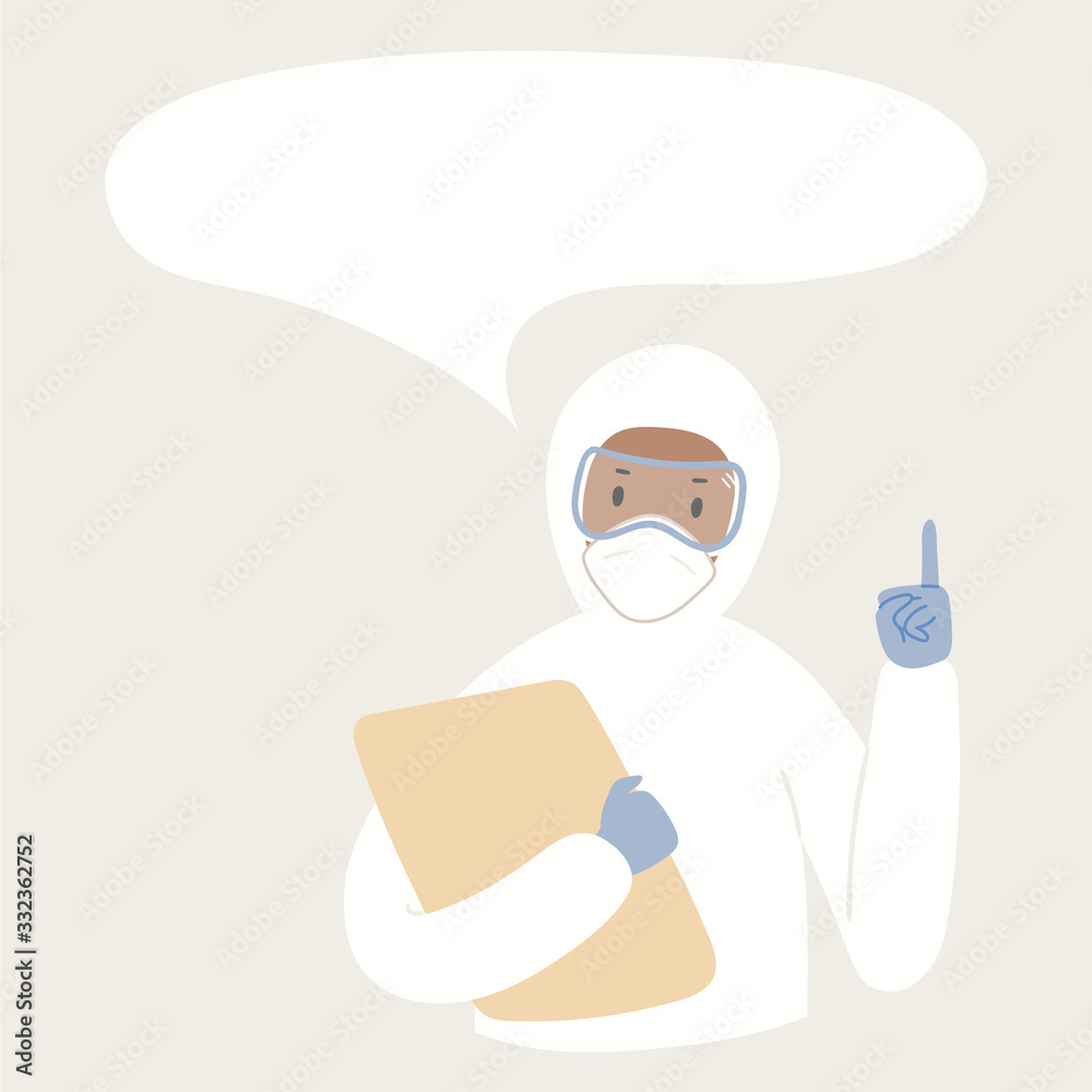Coronavirus epidemic concept. Medical worker in protective gear, speech bubble with text space, isolated. Hand drawn vector illustration. Poster, flyer element. Flat style design. Covid-19 prevention.