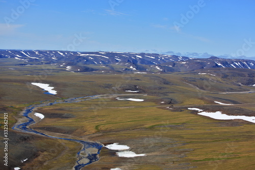 Tundra landscape in summer, Taymyr peninsula, aerial view