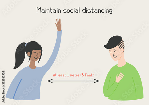 Coronavirus epidemic, social distance concept. Man, woman waving, bowing, text, isolated. Hand drawn vector illustration. Poster, flyer. Flat style design. Covid-19 protection prevention information