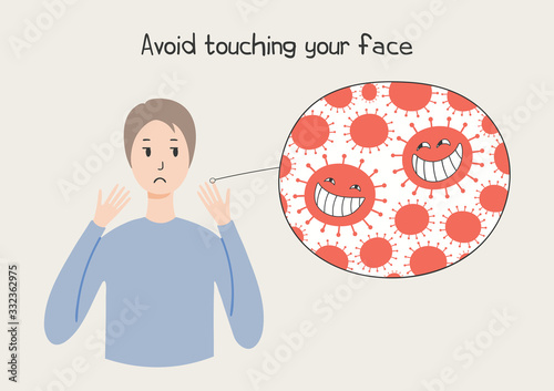 Coronavirus epidemic concept. Woman looking at her hands and cartoon virus, text Avoid touching face, isolated. Vector illustration. Poster, flyer. Flat style design. Covid-19 protection, prevention.