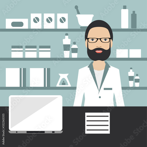 Pharmacy chemist  standing in drugstore. Flat vector.