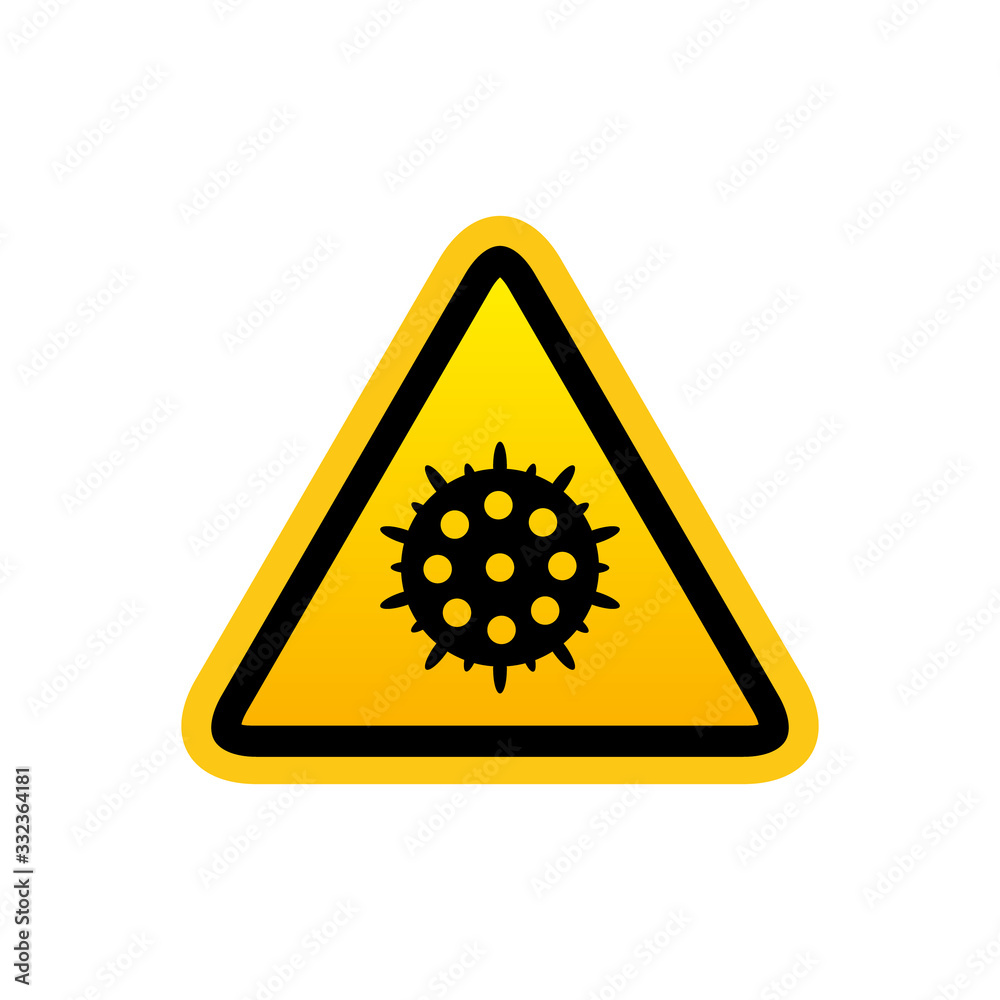 Corona virus sign in yellow triangle icon isolated on white background. China pathogen respiratory infection, asian flu outbreak. Microbe, bacterium icon, virus icon in glyph style. Corona virus sign in yellow triangle icon isolated on white background. China pathogen respiratory infection, asian flu outbreak. Microbe, bacterium icon, virus icon in glyph style.