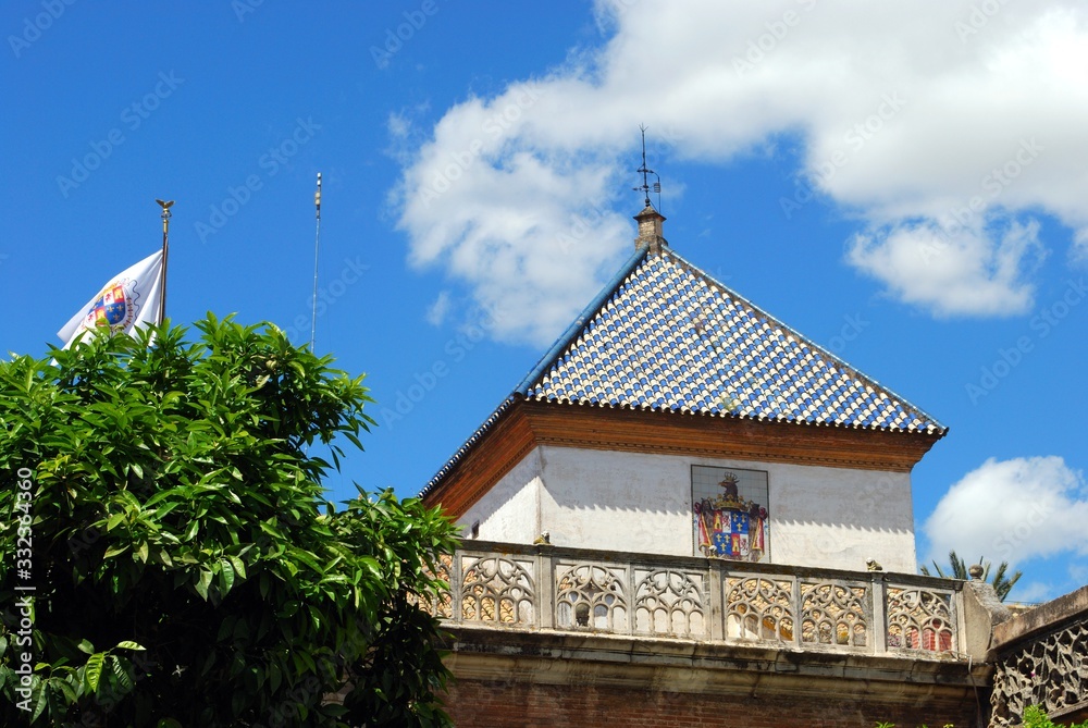 Balcony and ornately tiled roof at Pilates House (Casa de Pilatos), Seville, Spain. Balcony and ornately tiled roof at Pilates House (Casa de Pilatos), Seville, Spain.