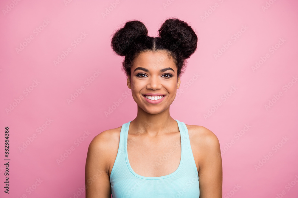 Close-up portrait of her she nice attractive lovely pretty cute charming glad cheerful cheery teenage wavy-haired girl wearing tanktop isolated over pink pastel color background