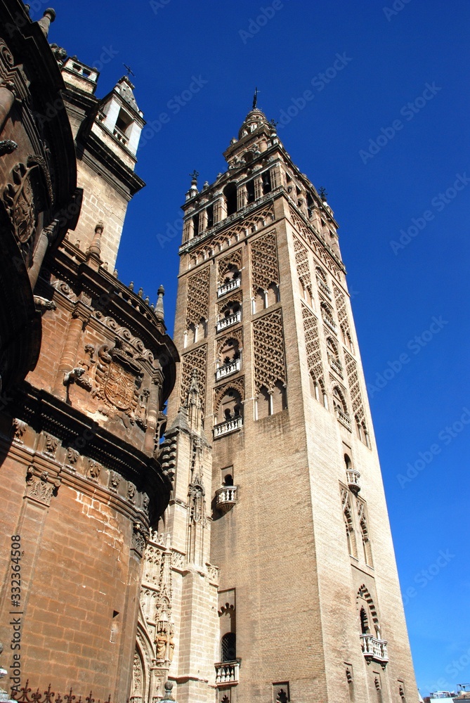 View of the Cathedral and Giralda Tower, Seville, Spain.