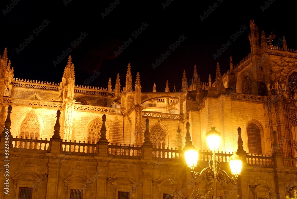 View of the Cathedral at night, Seville, Spain.