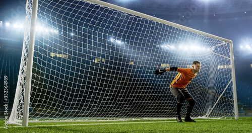 Goalkeeper is trying to save from a goal on an empty soccer stadium. No spectators on the tribunes. Stadium is made in 3d.