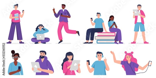 People listen to music, audiobook, podcast or language lessons. Set of vector Illustration people in modern flat style.