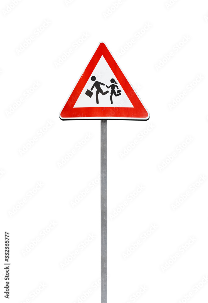Caution children, warning road sign isolated on white Caution children, warning road sign isolated on white